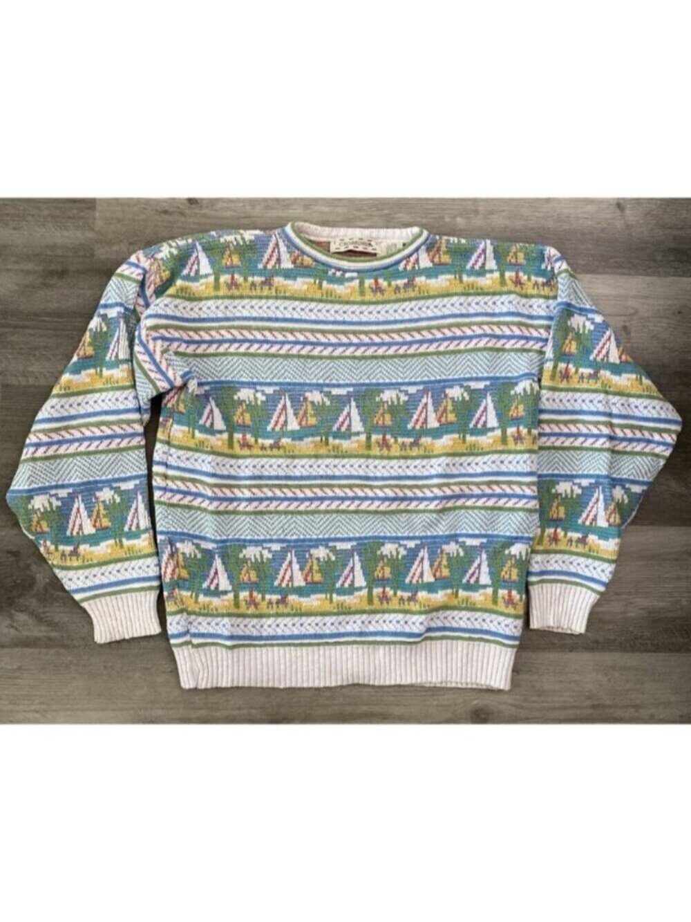 VTG Crossings 100% Cotton Knit Sweater Nautical Sailboat 3D USA Made 90s Medium